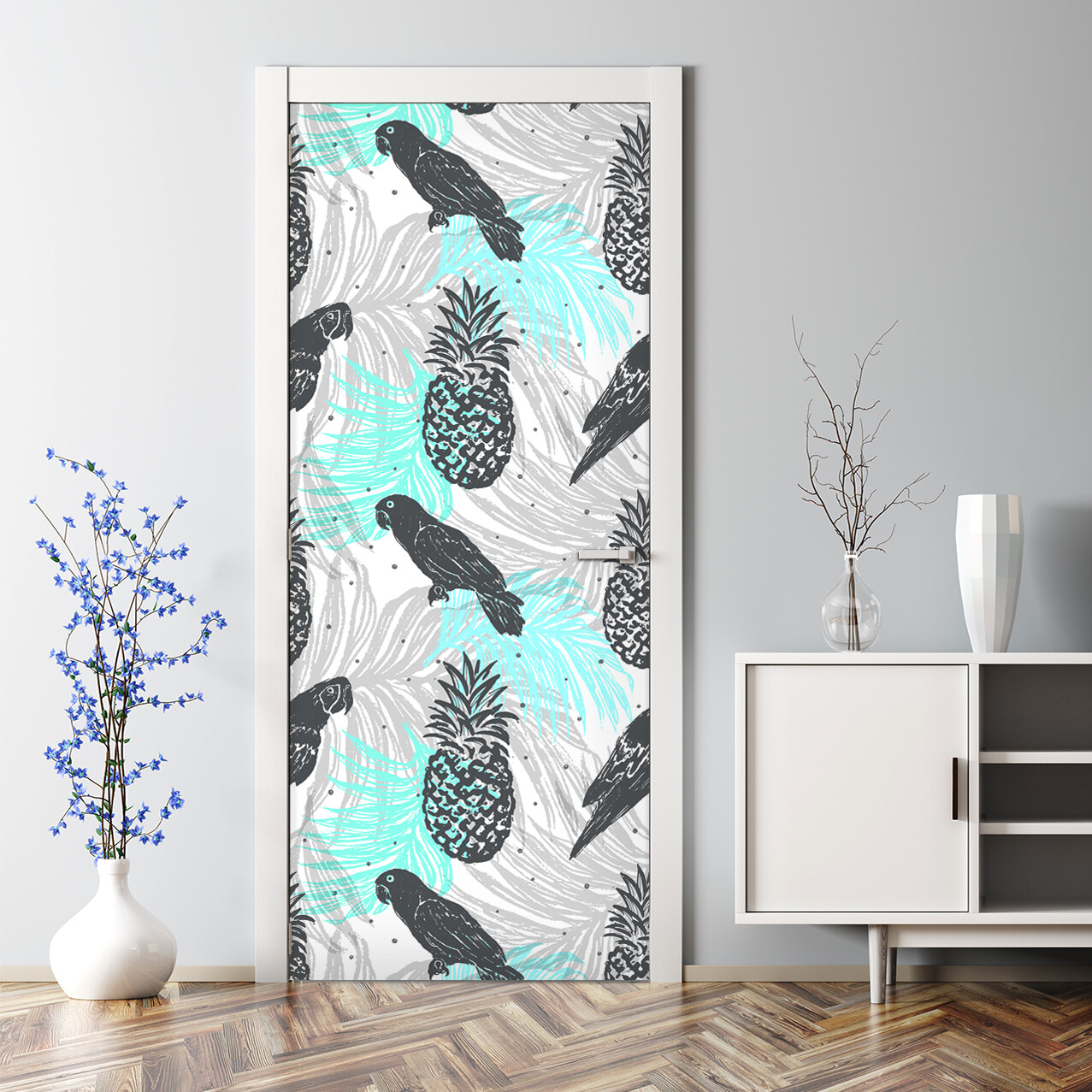 Ink hand drawn jungle removable Door sticker blue mural Self Adhesive Peel Stick