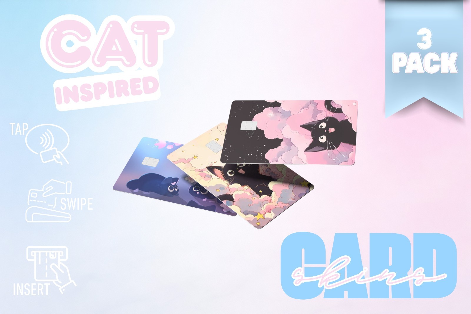3‑Pack Cute Black Cat Card Skins – Vinyl Credit & Debit Card Covers | Durable