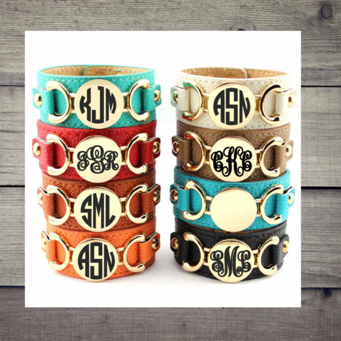 Leather cuff bracelet with monogram – Gold or Silver tone – tons of great color