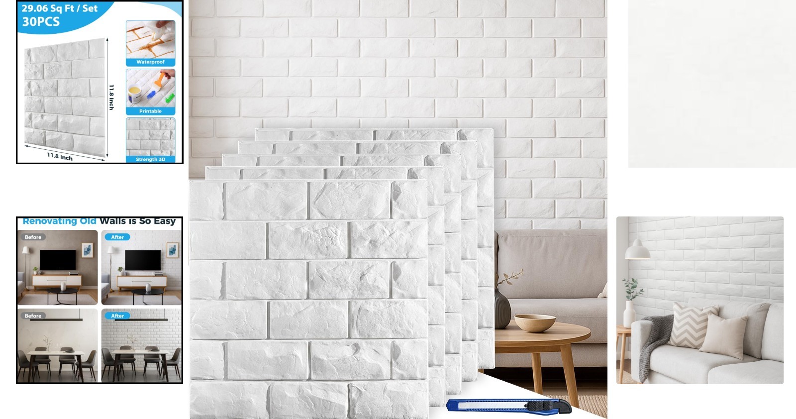 Transform Your Home with 30 Printable 3D White Brick Wall Panels – 29.07 sq ft