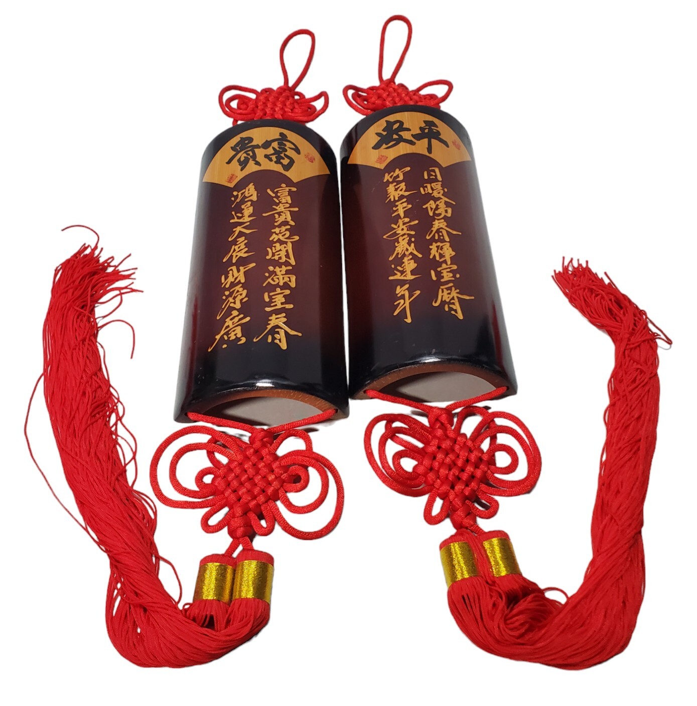 Pair Of Wood Plaque Chinese Writing Knot Tassels Feng Shui Home Wall Decor Art