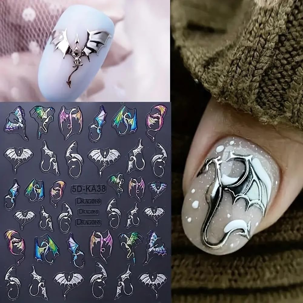 2 Sheets 5D Embossed Nail Art Stickers, Silvery Colored Bat Flying Dragon Q2