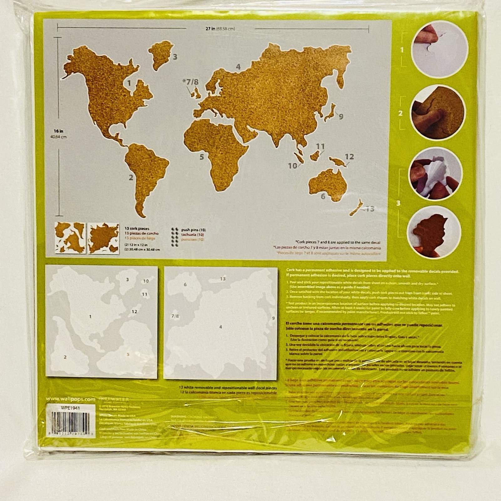 Wall Pops! Cork World Map Pinboard Peel & Stick Push Pin Class Room Office Dorm