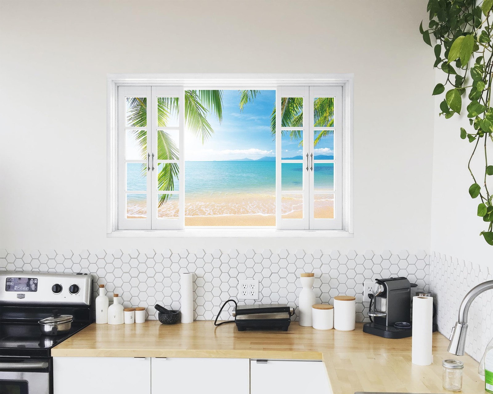 FLFK Fake Window Wall Decal – Tropical Ocean View Peel and Stick Mural, 24 x …