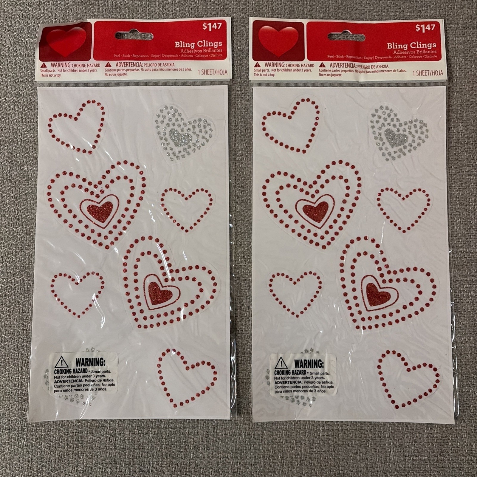 Bling Clings Mylar Glitter Stickers Valentines Hearts Peel Stick Reposition