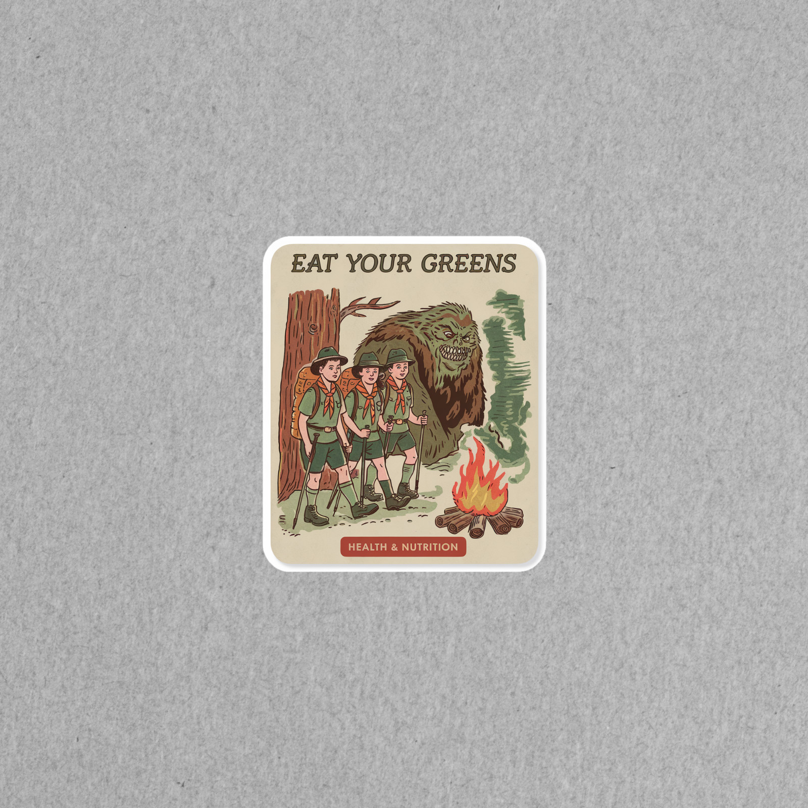Retro Health Nutrition Sticker Scouts Facing Monstrous Greens Campfire #4547