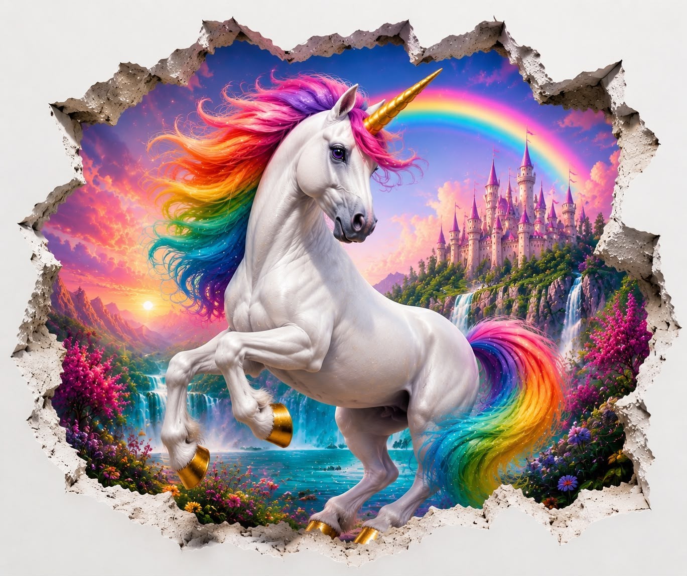 3D Unicorn Wall Decal Rainbow Castle Sticker Fantasy Girls Room Decor M-108
