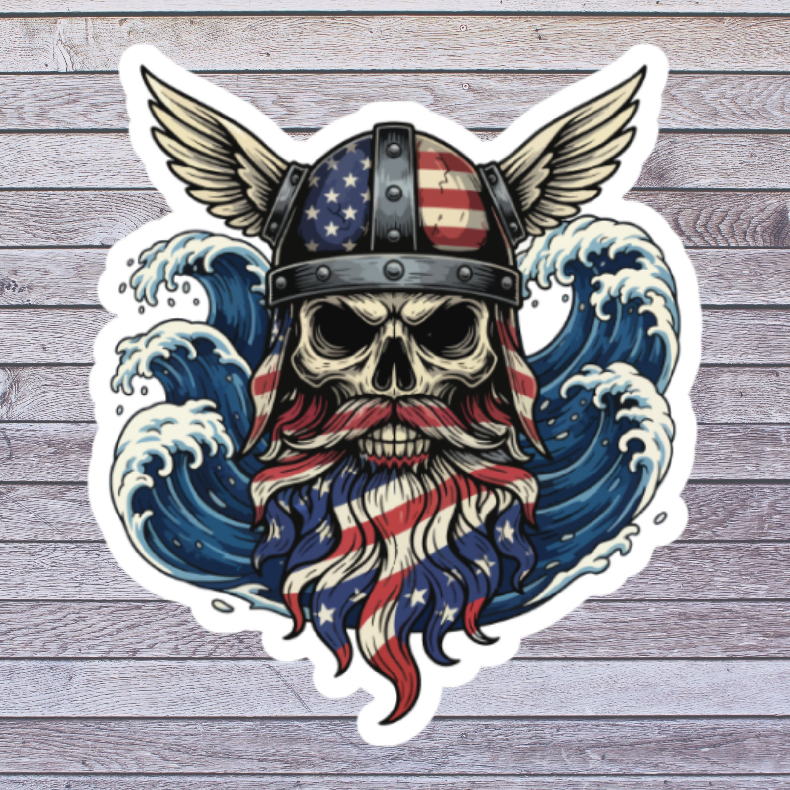 Patriotic Sticker Vinyl Decal Viking Skull Beard Waves American Flag USA