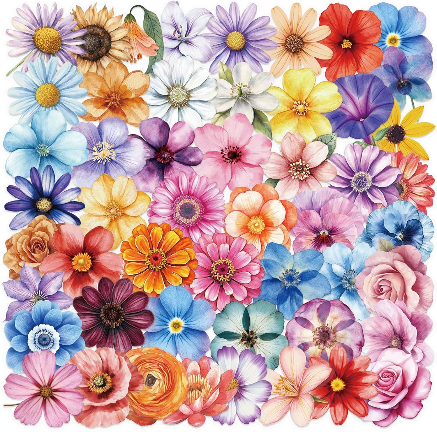 50PCS Flower Stickers PET Transparent Stickers Colorful Nature Decals Waterproof