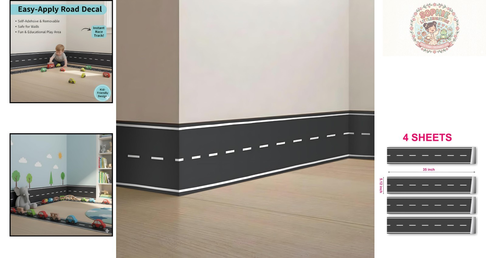 Kids Room 140 Inch Road Wall Decals – Easy to Apply and Removable Vinyl Stickers