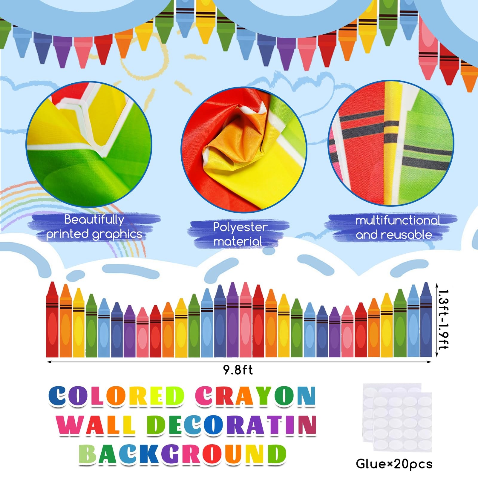 9.8 ft Rainbow Crayon Classroom Wall Decor, Cuttable Fabric Backdrop for Pres…