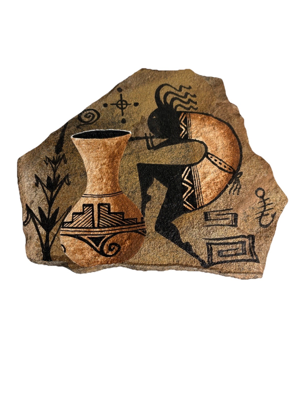 Kokopelli Stone Art Plaque Southwest Native Style Hand Painted Rock 8”