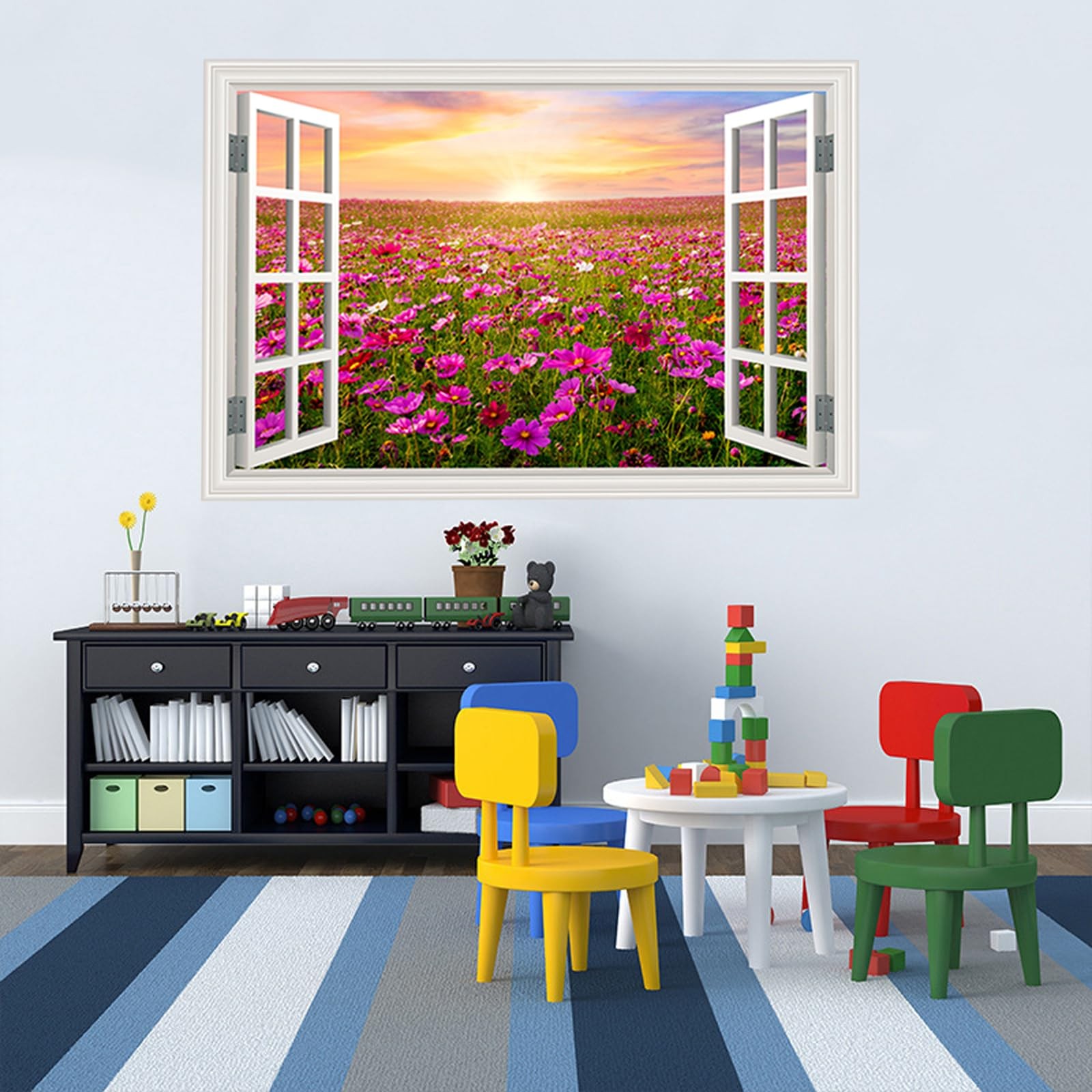 Fake Window Wall Sticker Sunset Pink Flower Garden Poster Picture Open Office…