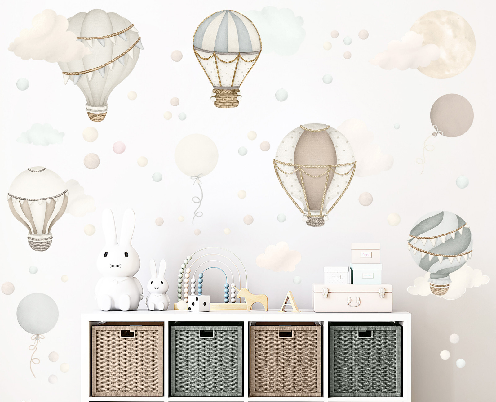 Boho Hot Air Balloon Wall Decals, Neutral Unisex Air Balloons Nursery Decor Set