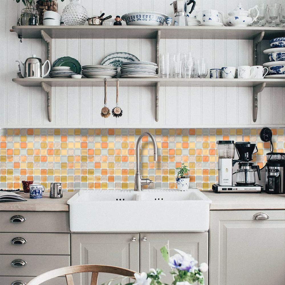 3D Mosaic Tile Sticker Removable Wallpaper Tile Yellow, 3D Self Adhesive Wall…