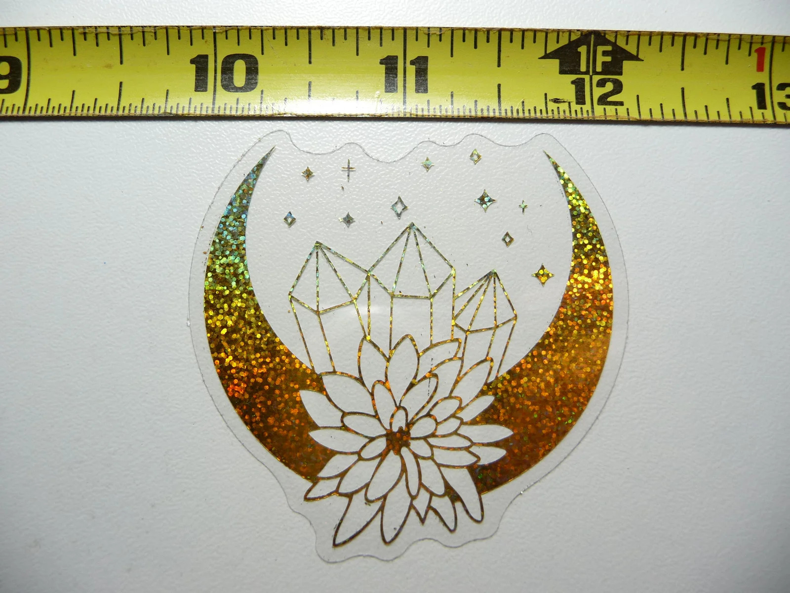 HOLOGRAPHIC CRESCENT MOON HEALING CRYSTALS LOTUS SMALL STICKER DECAL REFLECTIVE