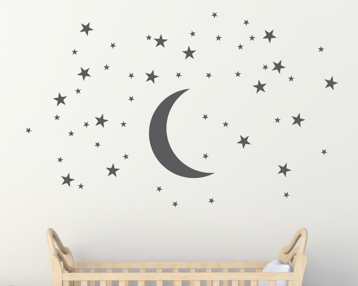 50 Stars and Large Moon Wall Stickers for Room Creative White Stars Baby Wall…