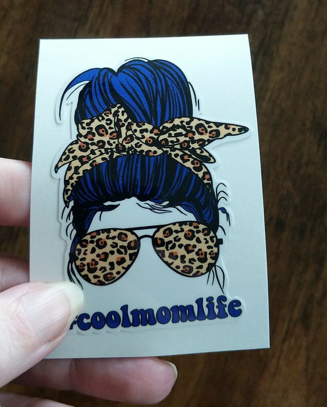 Cool Mom Life Dark Blue Hair 3" Decal Printed Vinyl Sticker Messy Bun Leopard