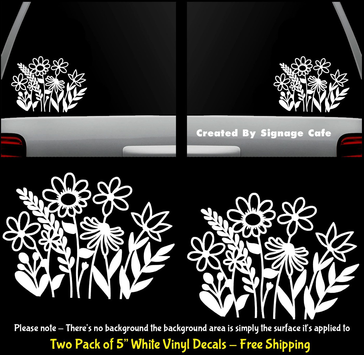 Wildflowers Two 5" White Decals Windows Car Vehicle Glass Door Any Flat Surface