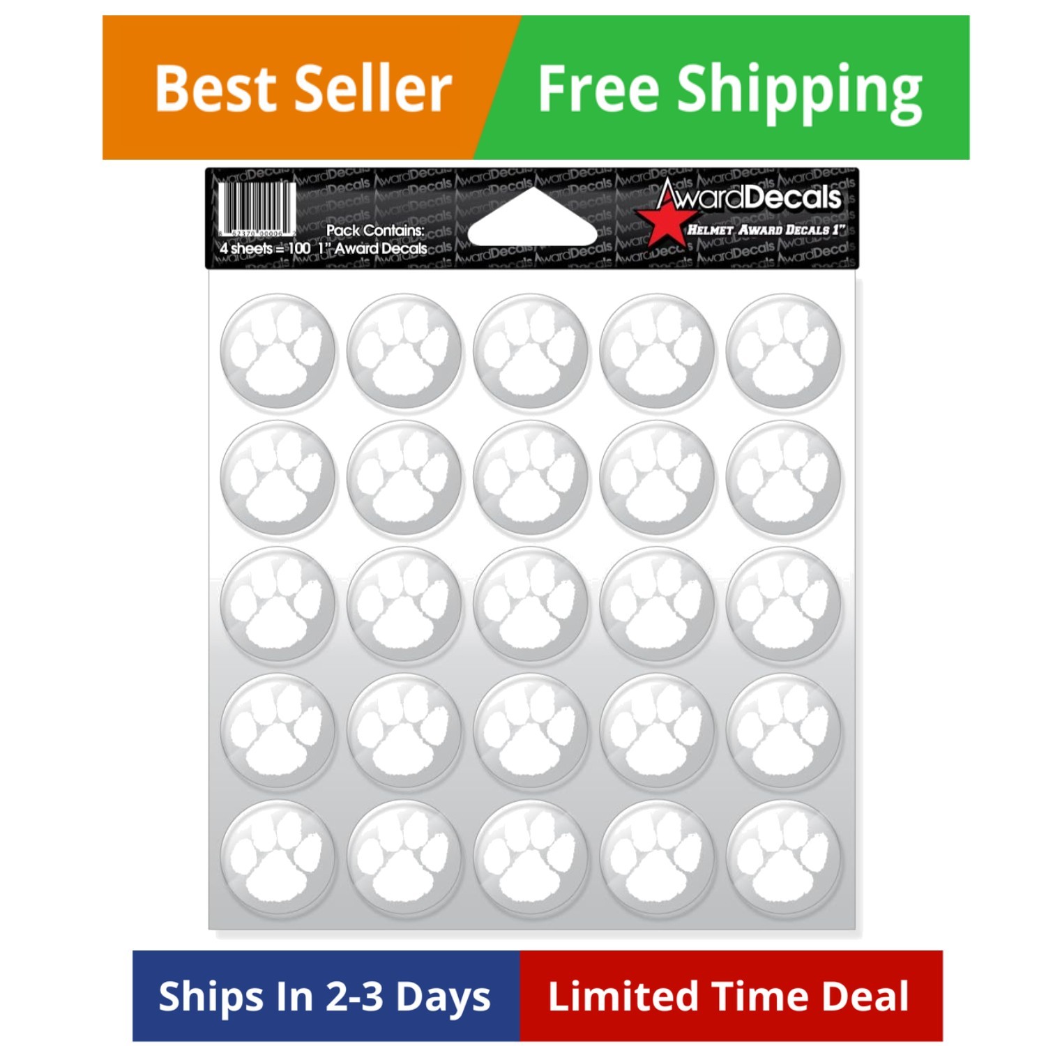 Paw White on Clear Sticker Set 100 Decals 1" The 20mil Thick Helmet Decals …