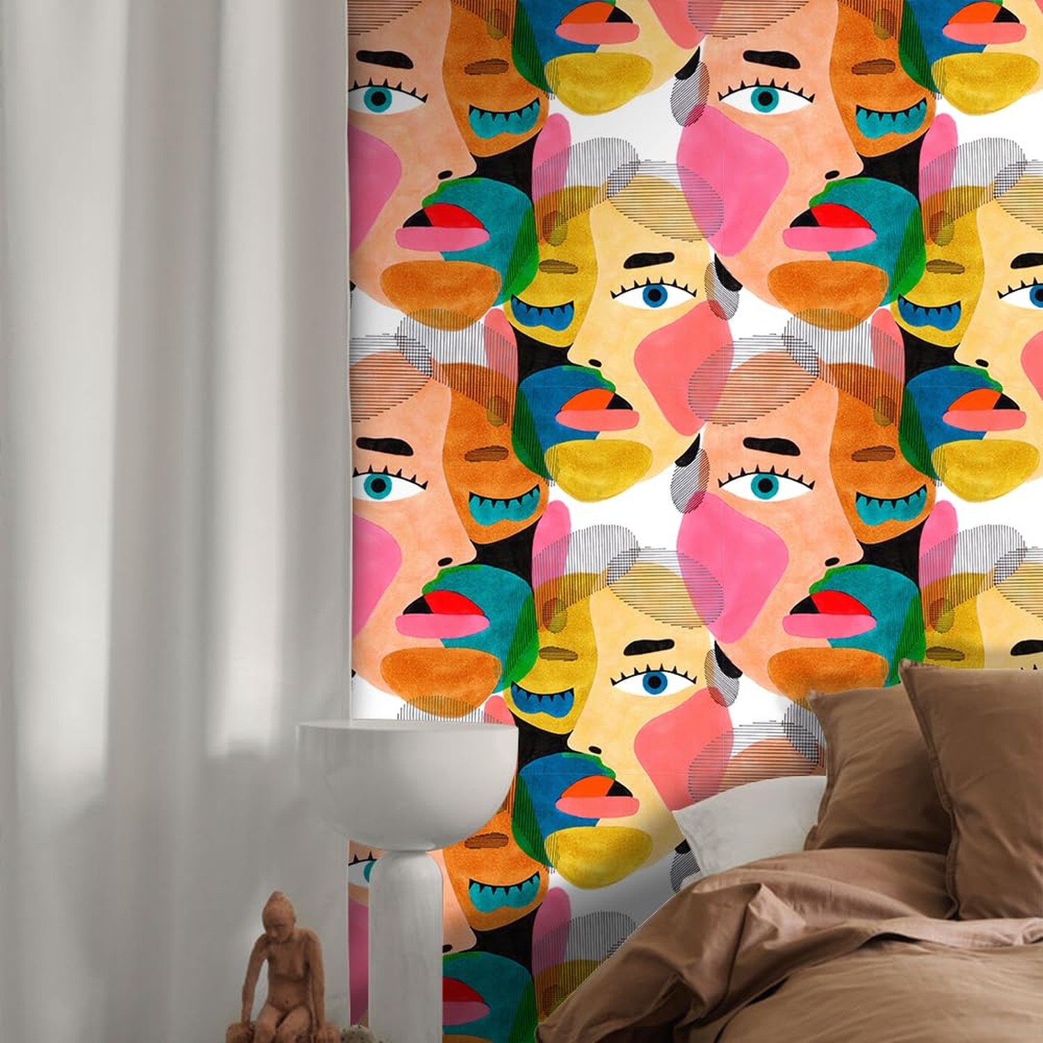 Modern Art Peel & Stick Wallpaper – Abstract Colorful Human Face Pattern Cont…