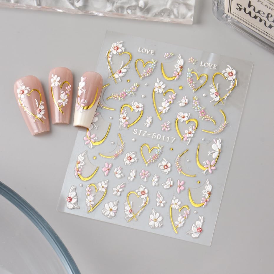 JMEOWIO 3D Embossed Flower Nail Art Stickers Decals Self-Adhesive 5D Colorful