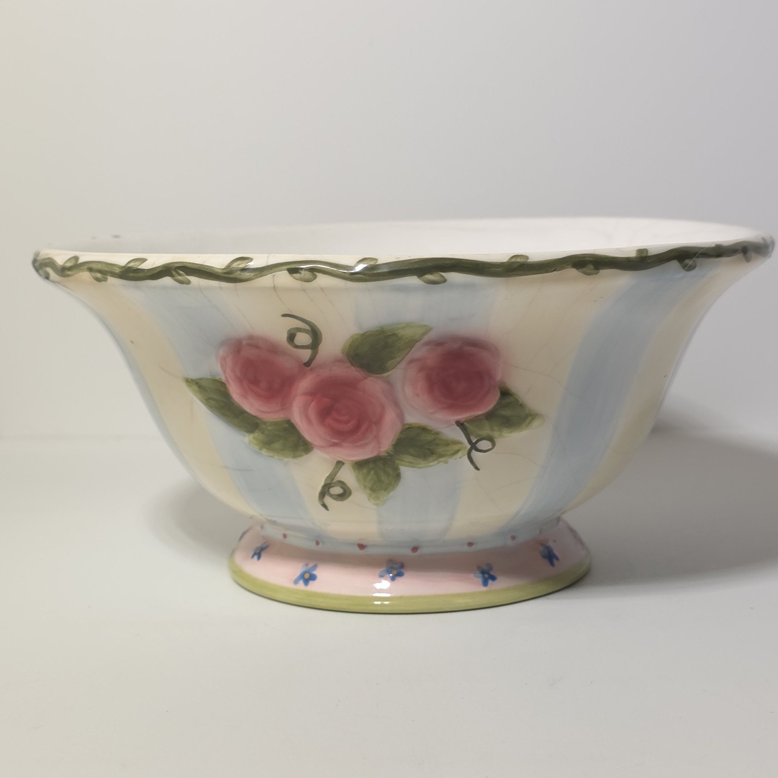 Vintage Cottagecore Pink Rose Blue Striped Footed Ceramic Serving Bowl 9" x 4"