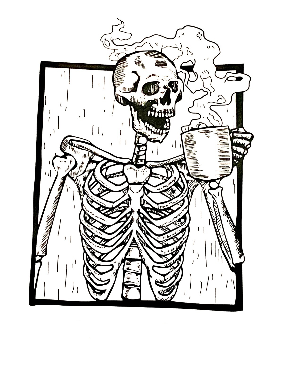 Skeleton Coffee Phone Sticker (2 Inch) Line Art Minimalist Gothic Sketch Grunge