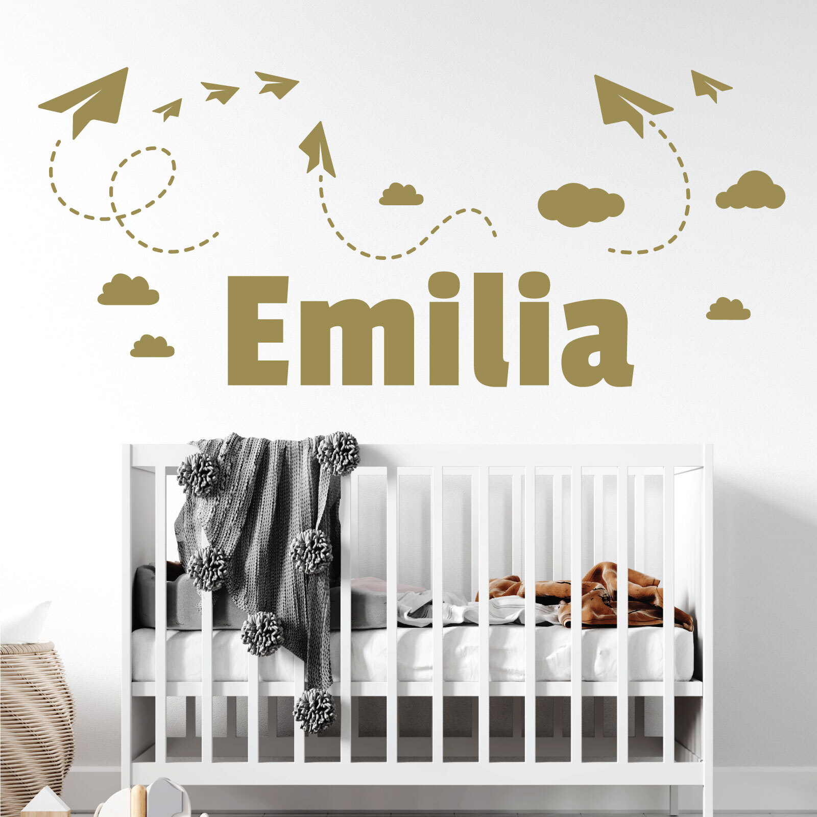 Personalised Name Children Wall Art Sticker – Sky, Paper Planes and Clouds
