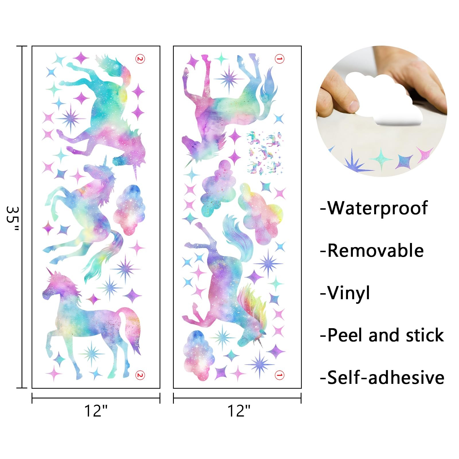 Galaxy Unicorn Wall Decals Stickers, Pastel Gradient Glitter Clouds Stars Nur…