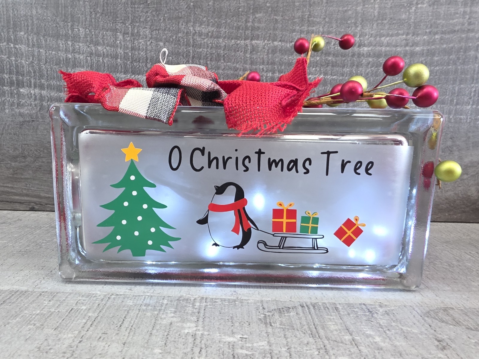 Handcrafted Christmas Penguin Glass Block 8x4x3" Lights Up O Christmas Tree g50