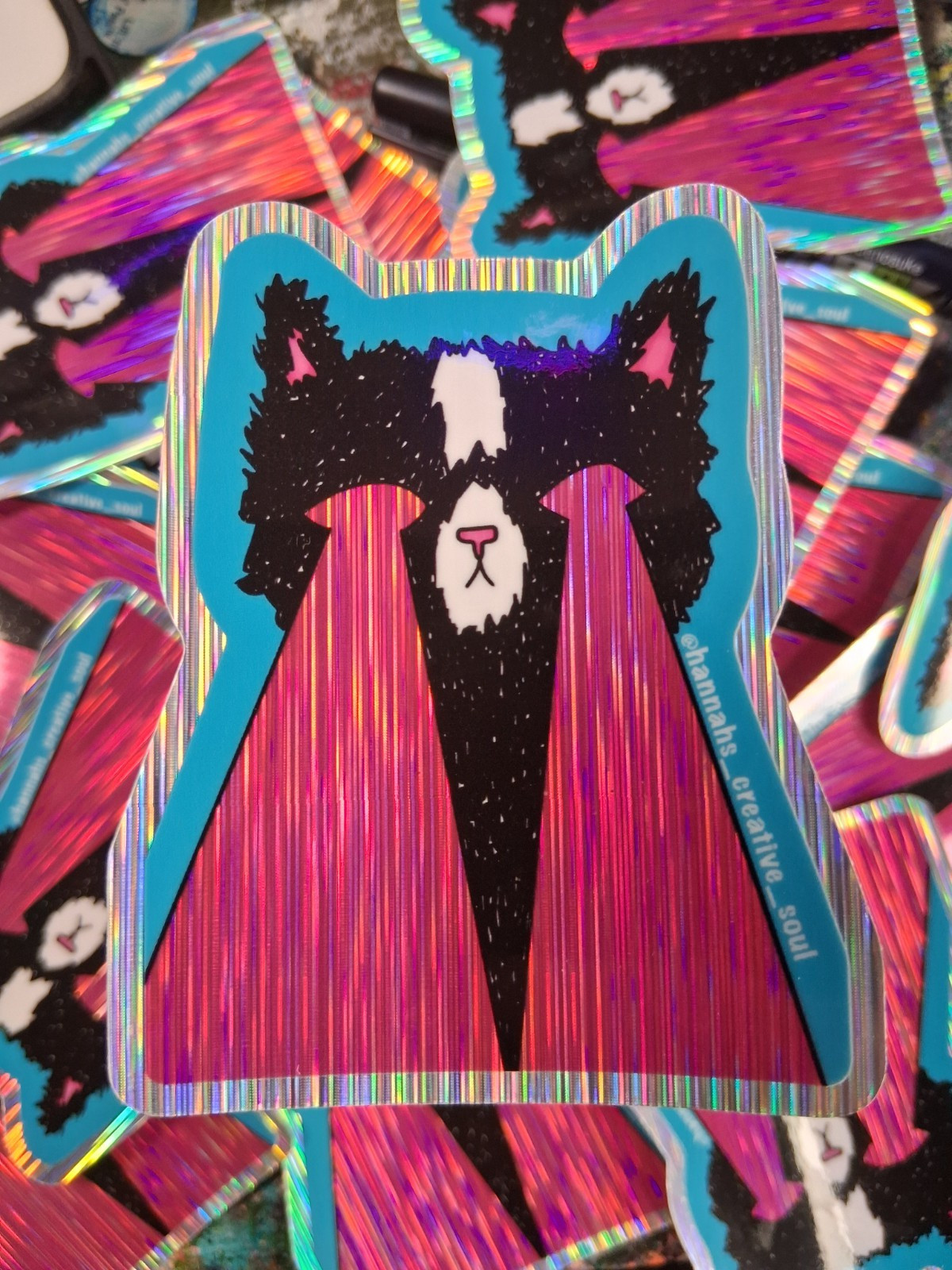 Holographic Whimsical Surreal Cute Kitty Lazer Beam Eyes Vinyl Sticker,Trippy