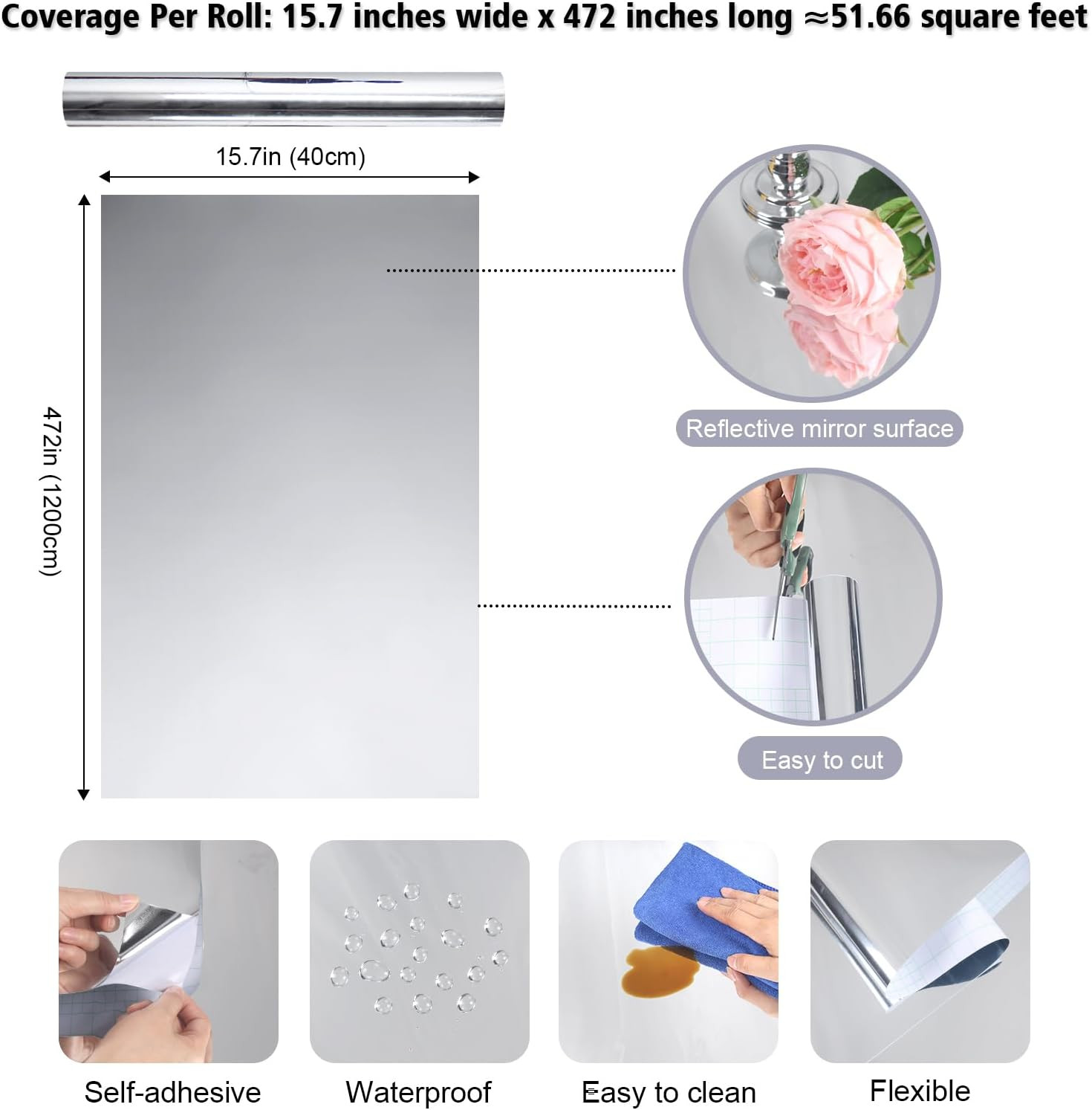 15.7"X472" Silver Mirror Sticker for Walls Self Adhesive Non-Glass Reflective Pe