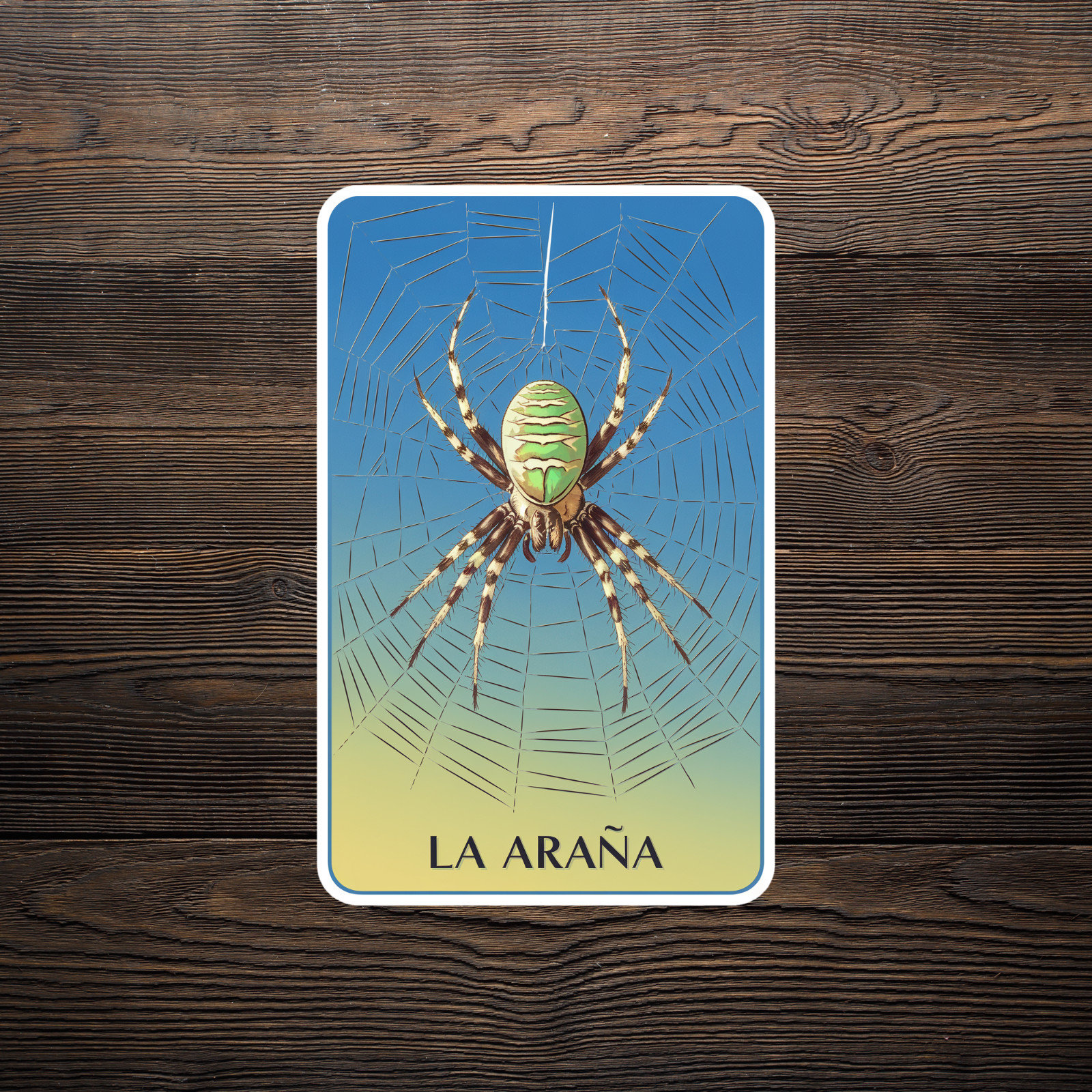 La Araña Sticker – Green Spider in Web on Yellow Blue Gradient #2159
