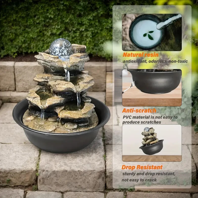 Resin Fountain Indoor Waterfall Fountains LED Light Realistic Rock Design Gift