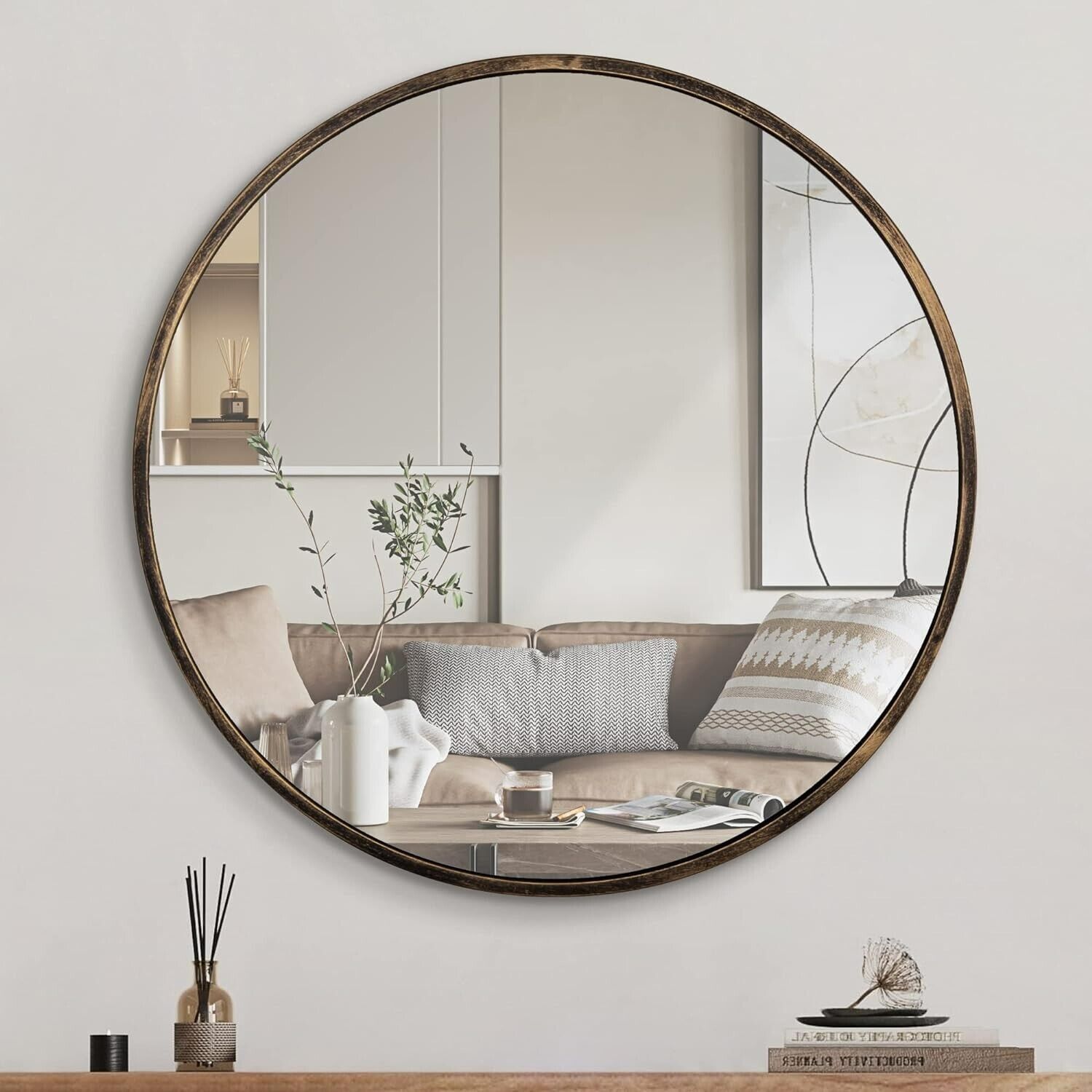 Round Wall Mirror Bronze 24 Inch -Circular Metal Framed Wall Mounted Mirror B043