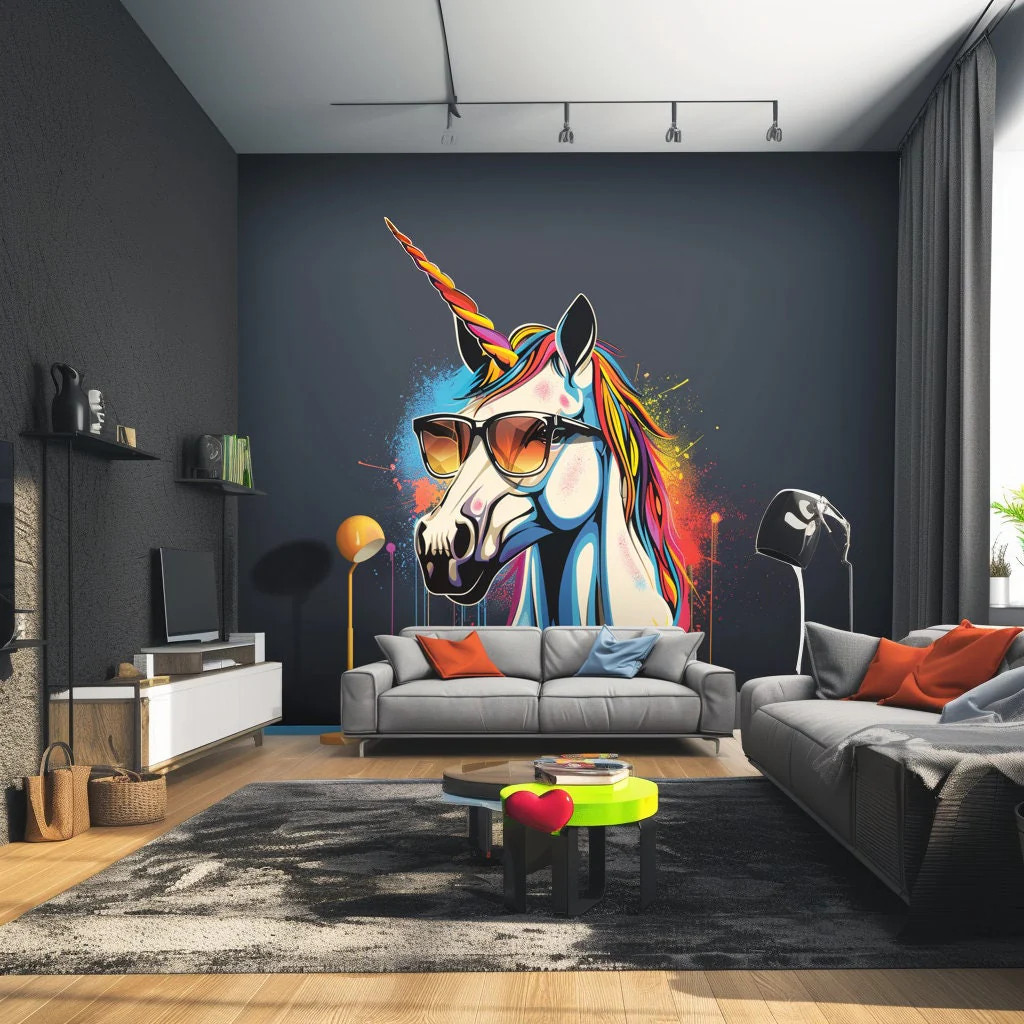 Graffiti Unicorn Wall Sticker – Colorful Unicorn with Sunglasses Decal – Modern