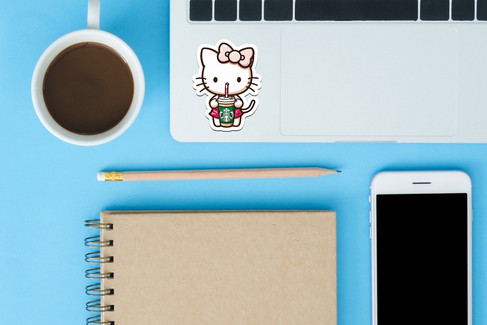 Kitty with Starbucks Sticker, Cute, Waterproof, Laptop, Water Bottle, Die Cut