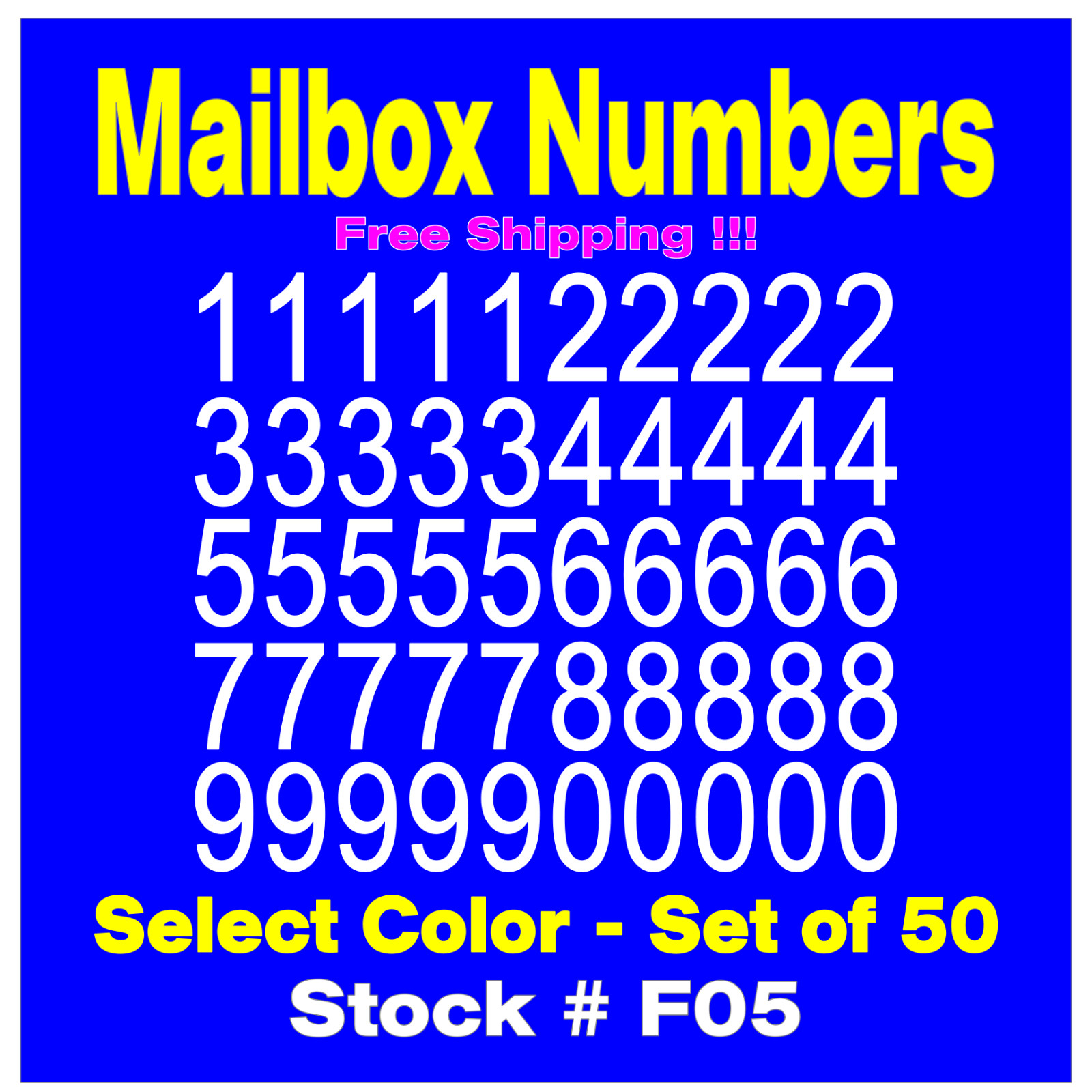 Mailbox NUMBER Vinyl Decals Set of 50 Numbers SIZES 1/2" up to 4" STK# F05
