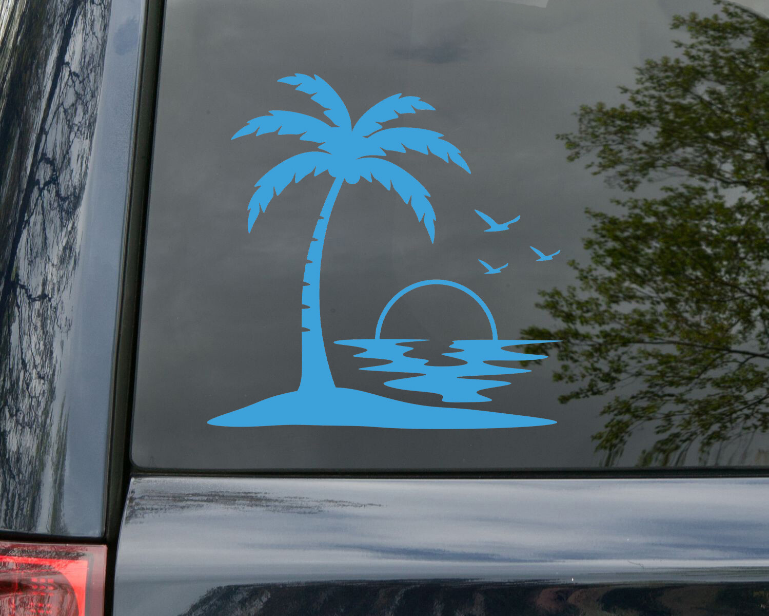 Palm Trees Beach Sunset Scene Vinyl Decal V2 – Camper Graphics Coast Travel