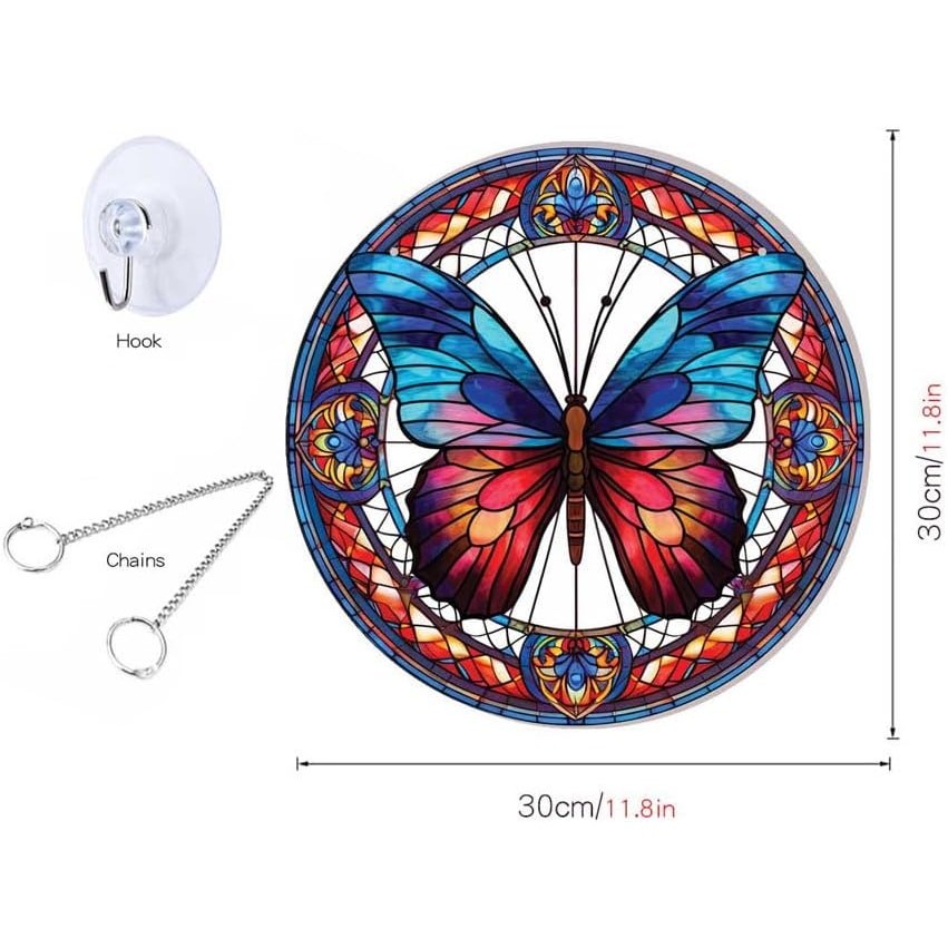 Round Butterfly Window Hanging Panel 11.8in Colorful Acrylic Suncatcher Decor