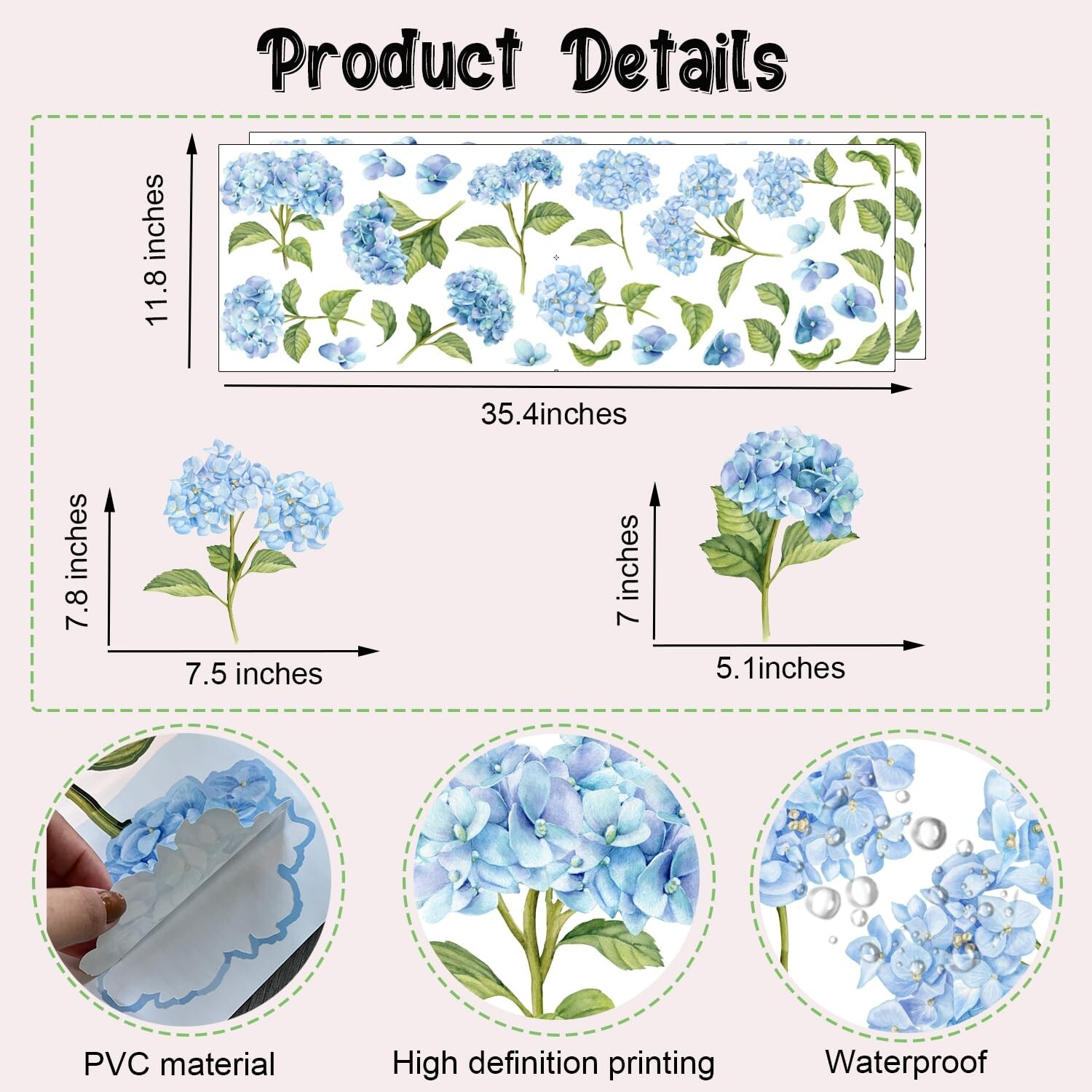 Watercolor Blue Hydrangea Wall Stickers, Blossom Floral Vinyl Wall Decals, Re…