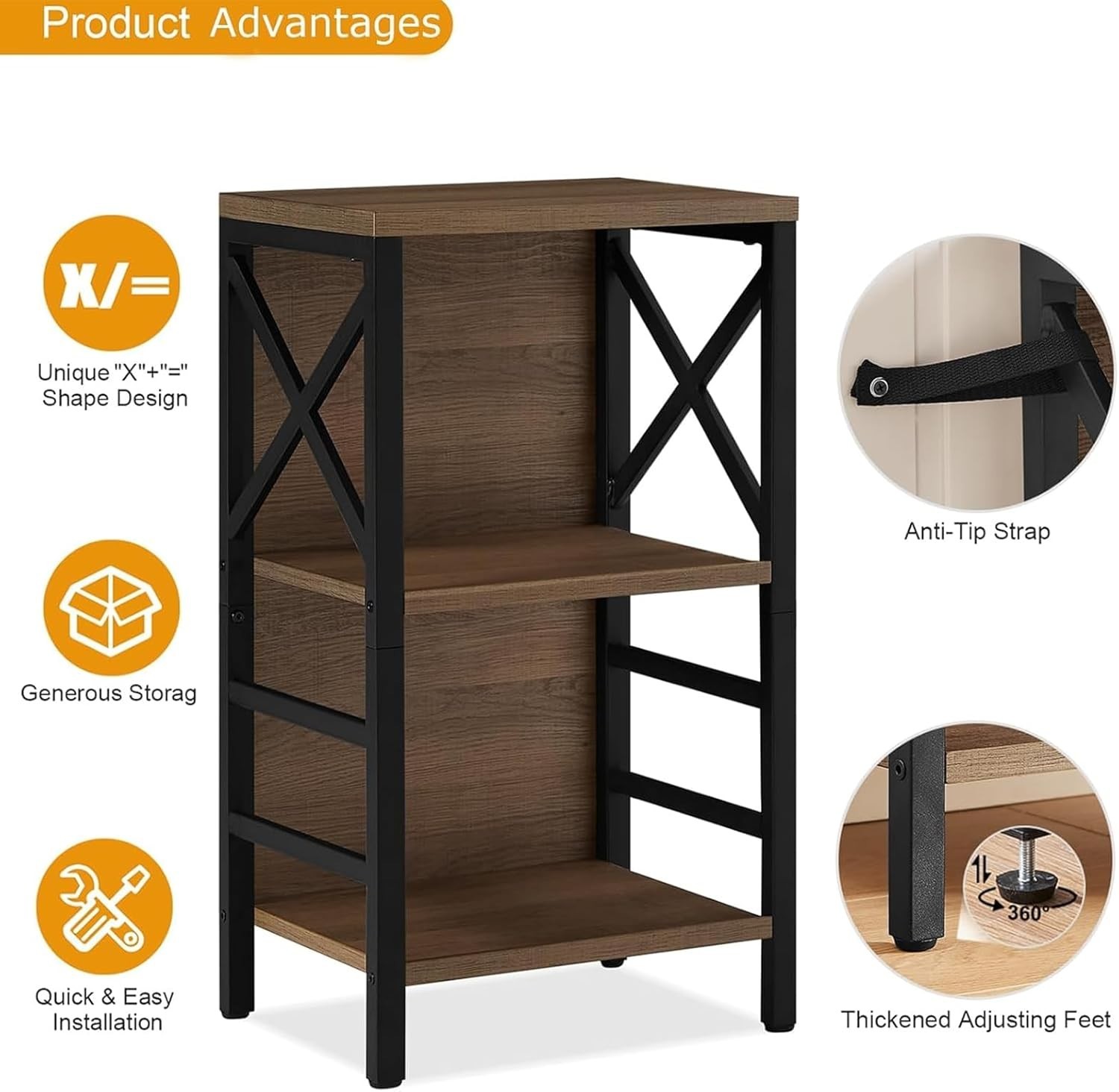 Small Bookshelf 3 Tier Industrial Bookcase Rustic Brown Metal Frame Home Storage