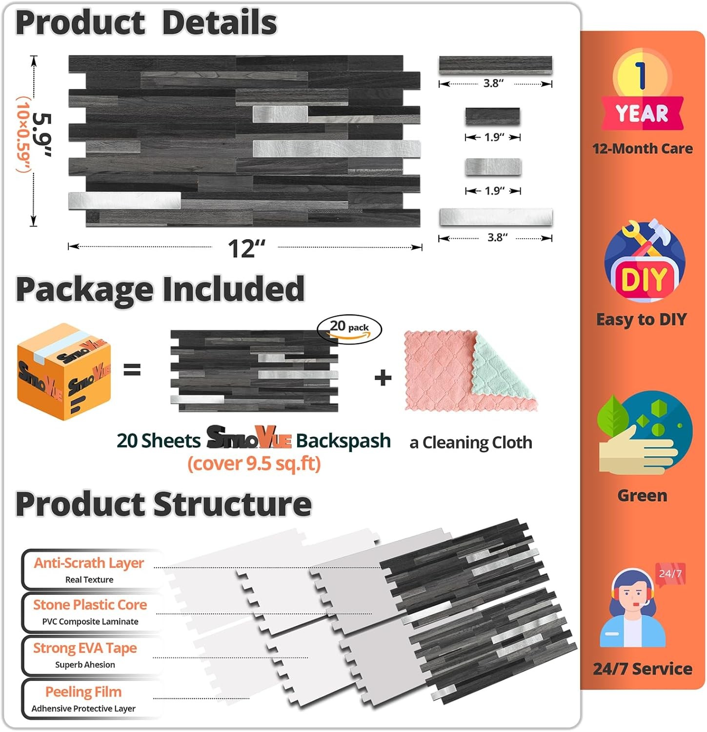 20 Sheets Peel and 12 inch x 5.9 inch, Black Grey Wood With Metal Silver