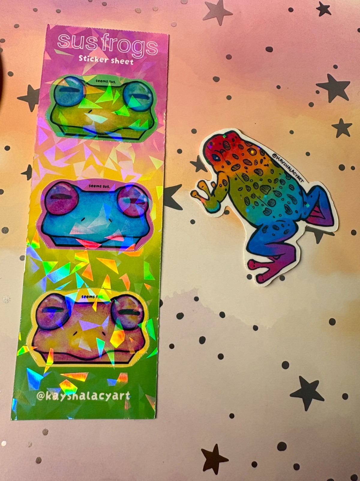 Socially Awkward Frog Pack of 6 Holographic Vinyl Stickers by KayshaLacyArt
