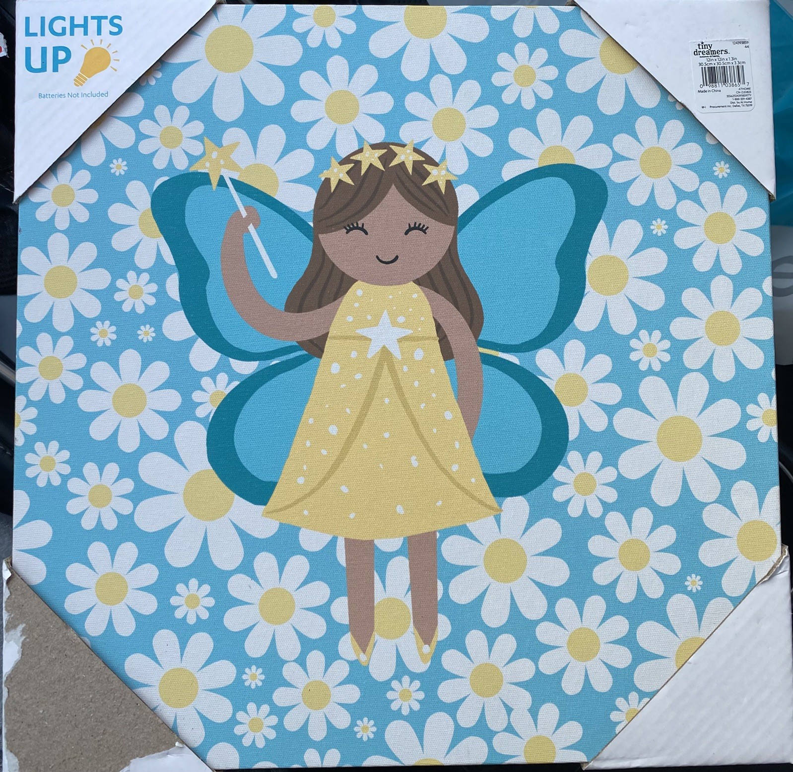 Tiny Dreamers Fairy LED Canvas Wall Art Blue Yellow White 12" Square