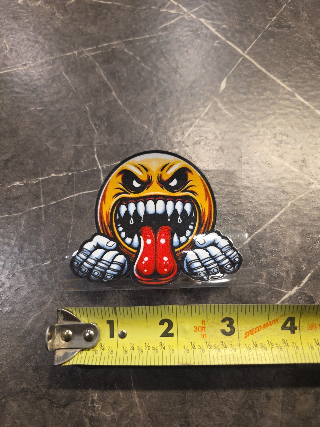 Excited Evil Smiley Face Tongue Out Fangs UVDTF Raised Decal Sticker Waterproof