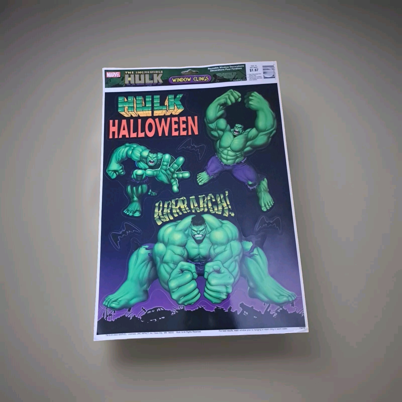 Marvel Halloween The Incredible HULK Superhero Art Window Cling Stickers Decal