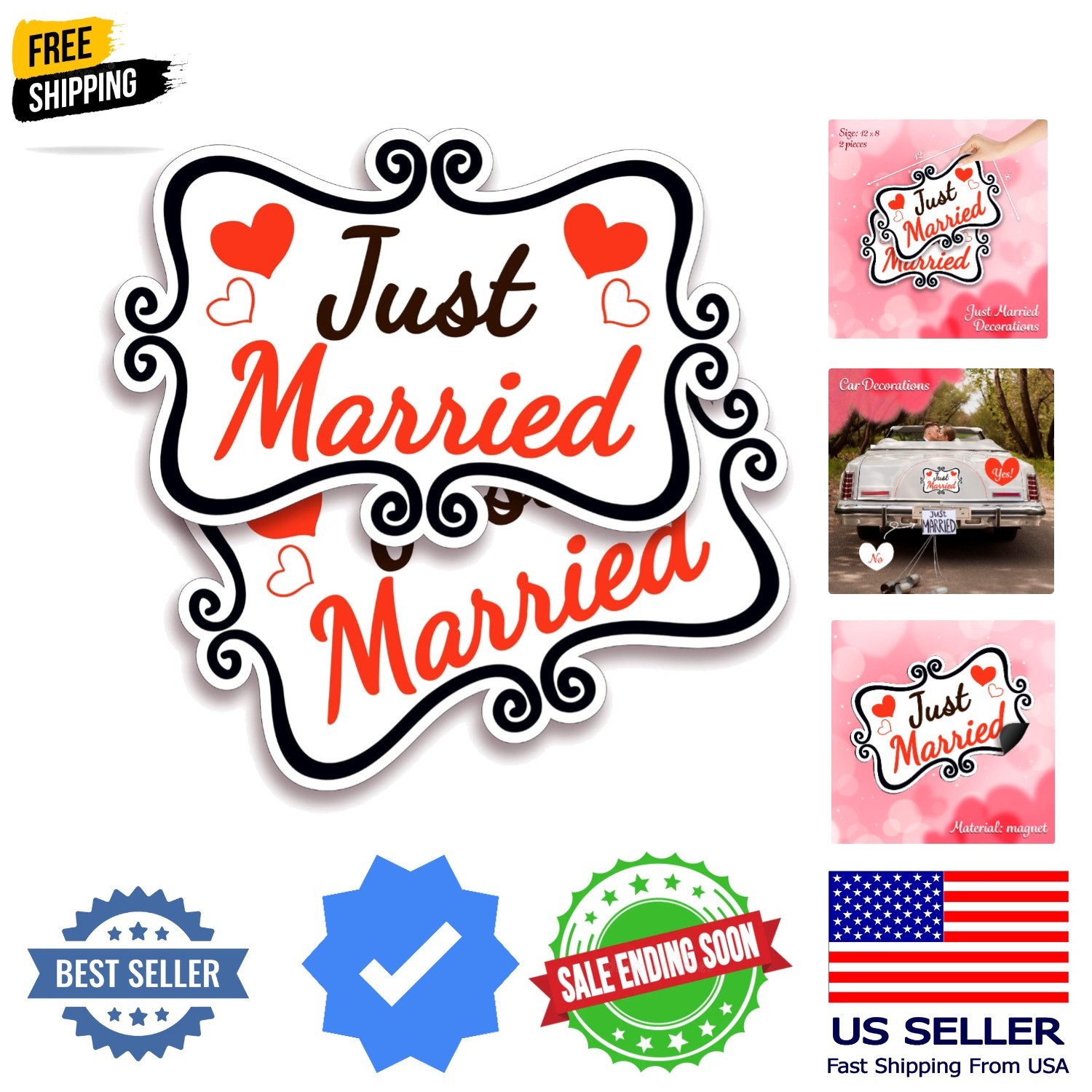 Just Married Car Decorations, 12×8 Magnet Decals for Vehicles, 2 Pack Wedding…