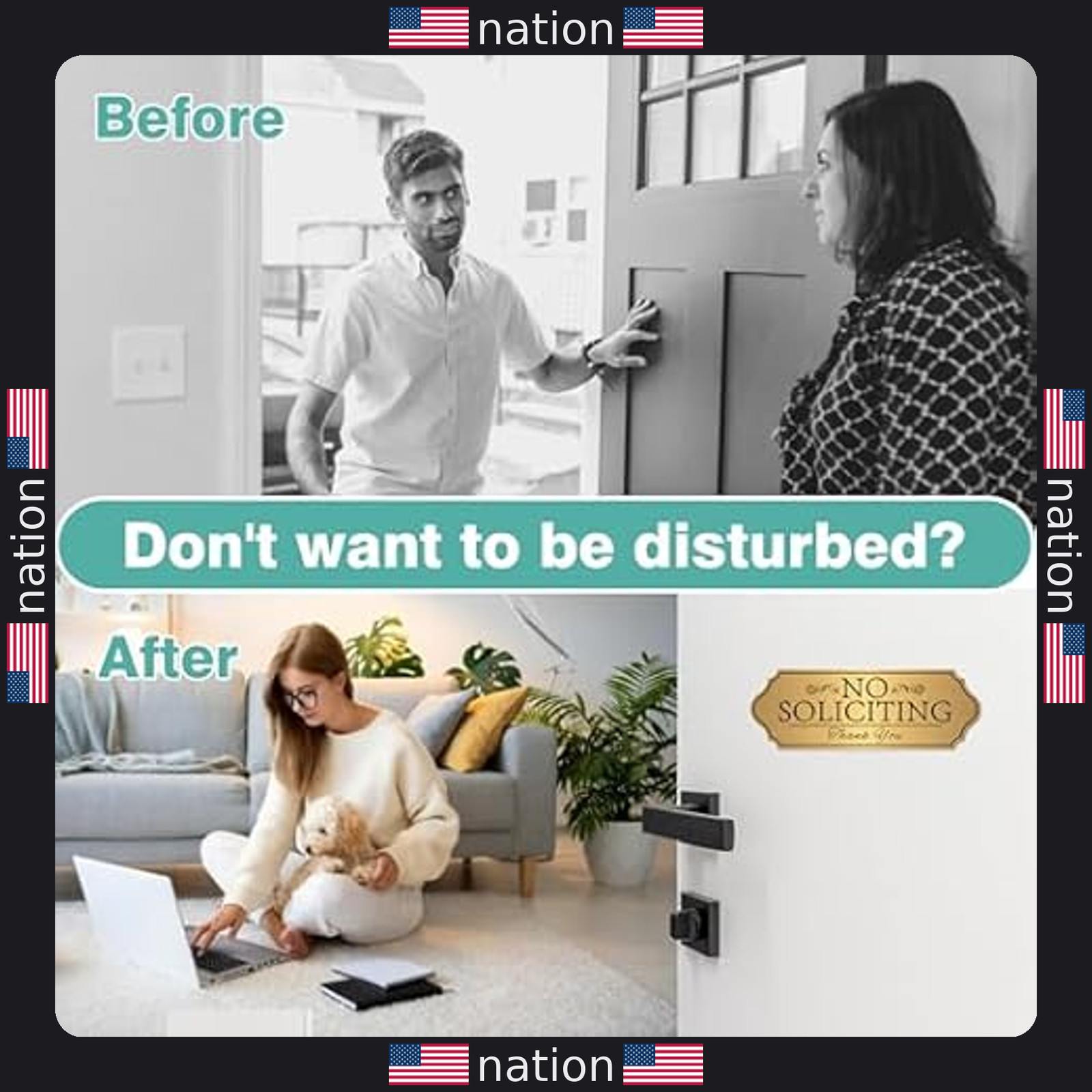 Modern No Soliciting Sign Sticker – Self-Adhesive Brushed Gold Vinyl for Doors